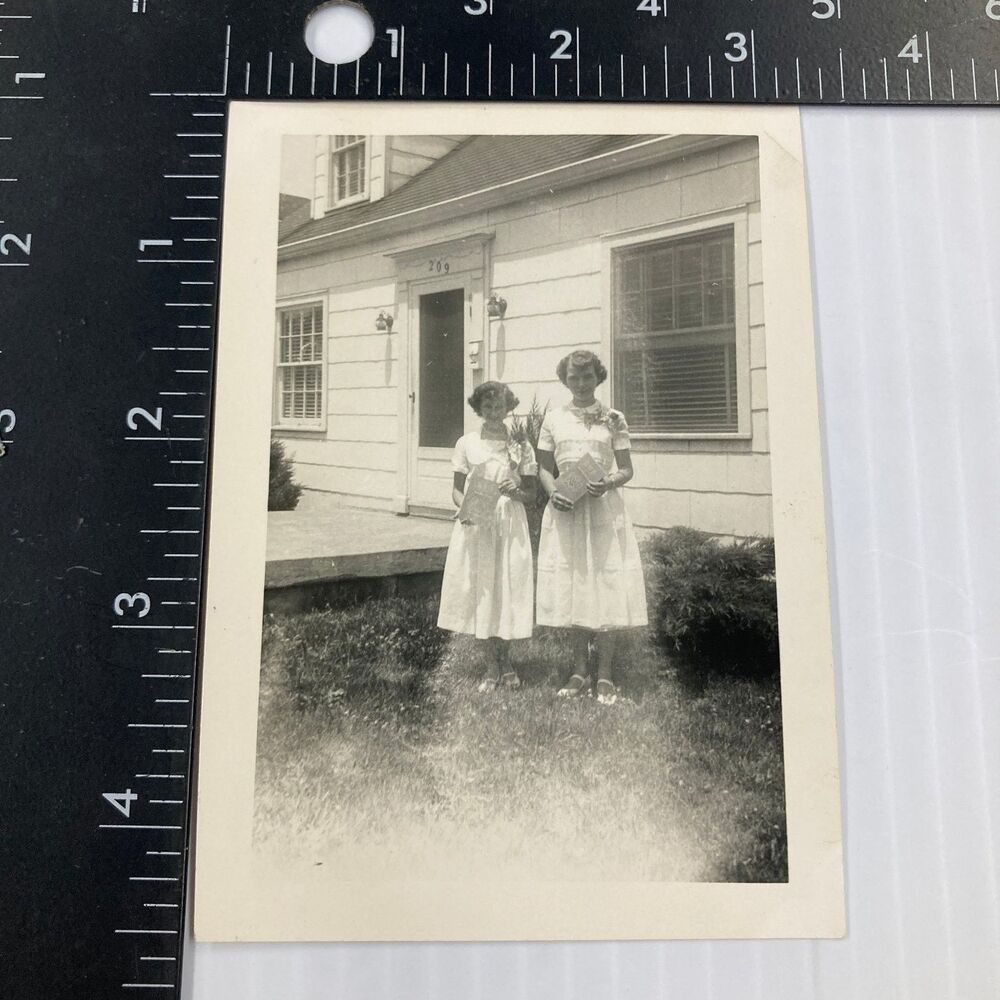 Two Young Women 1940s Snapshot Photograph House Books Flowers